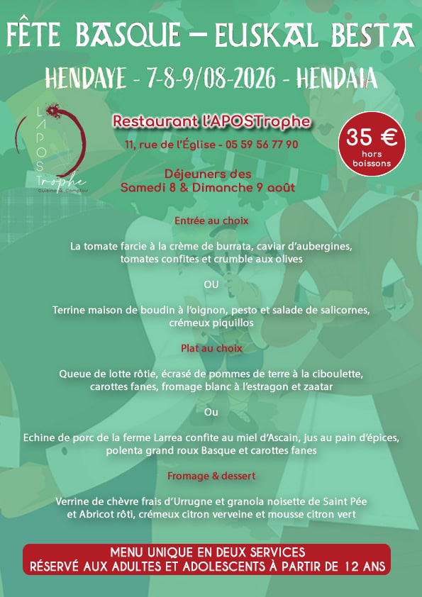 Menu Fête Basque 2026 - L'APOSTrophe - Hendaye Tourisme