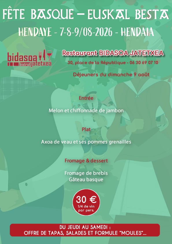 Menu Fête Basque 2026 - Bidasoa Jatetxea - Hendaye Tourisme